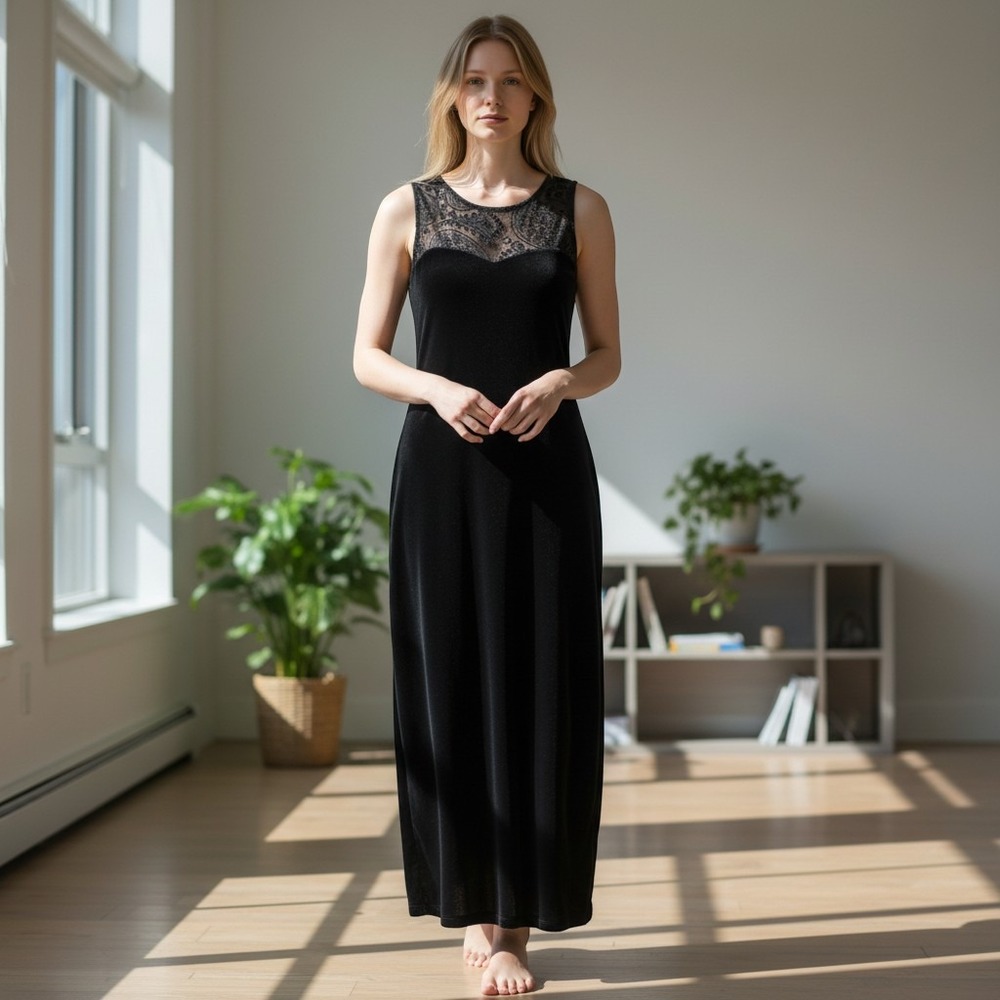 Precis Petite Black Velvet Maxi Dress 10 Mesh Paisley Flocked Yoke Sleeveless